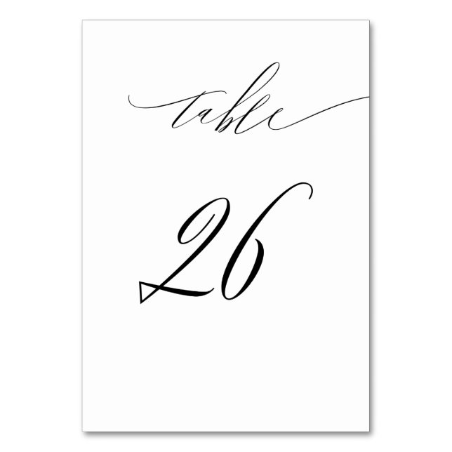Elegant White Black Modern Script No 26 Wedding Table Number (Front)