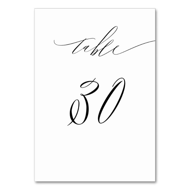 Elegant White Black Modern Script No 30 Wedding Table Number (Front)