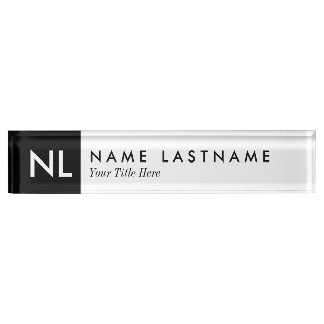 Elegant White Black Monogram Desk Nameplate (Front)