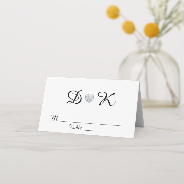 Elegant White Black Monogram Heart Wedding Place Card (Front)