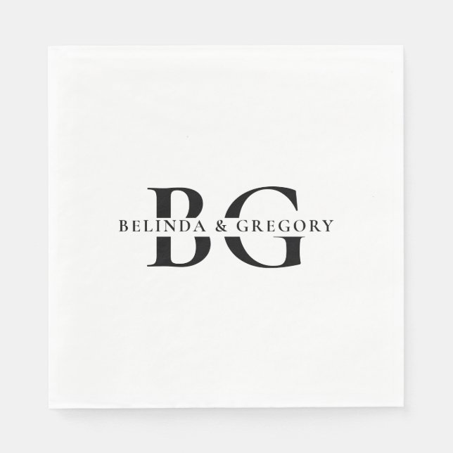 Elegant White Black Monogram Initials Wedding Napkin (Front)