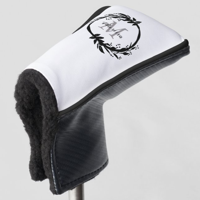 Elegant White & Black Monogram Name Wreath Golf Head Cover (3/4 Front)