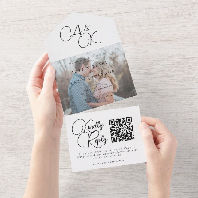 Elegant White Black Monogram Script Photo Wedding All In One Invitation (Tearaway)