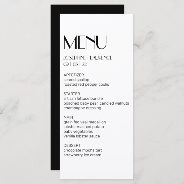Elegant  White Black Monogram Wedding Menu (Front/Back)