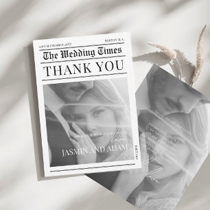 Elegant White Black Newspaper Wedding Thank You Card