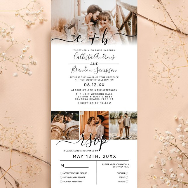 Elegant White Black Photo Monogram Wedding RSVP Tri-Fold Invitation (Creator Uploaded)