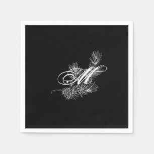 Elegant white black pine branch pine cone monogram napkin