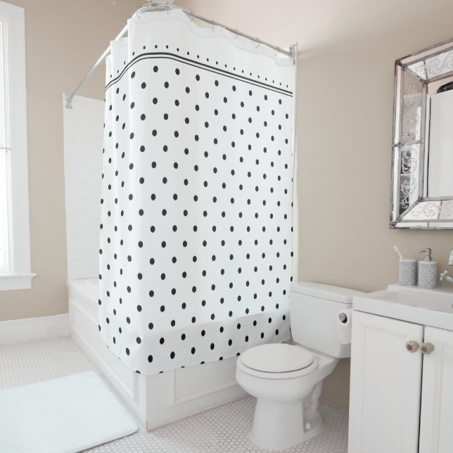 Elegant White Black Polka Dot Spots Pattern Shower Curtain (In Situ)