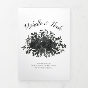 Elegant White Black Rose Gothic Wedding Tri-Fold Programme