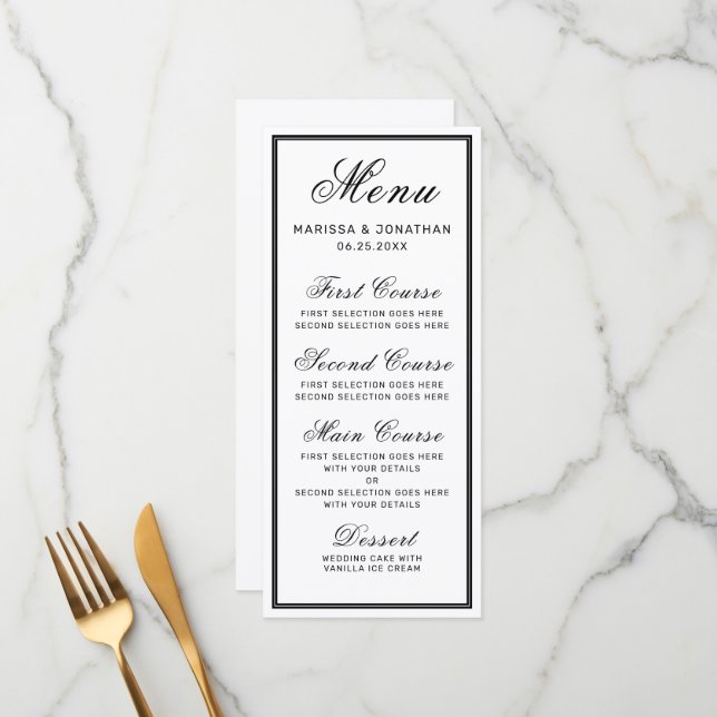 Elegant White Black Script Chic Wedding Menu (Front/Back In Situ)