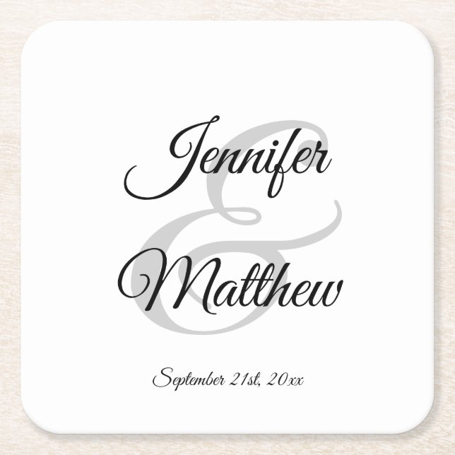Elegant White Black Wedding gift favours - Monogra Square Paper Coaster (Front)