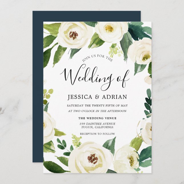 Elegant White Bloom Floral Wreath Wedding Invite (Front/Back)