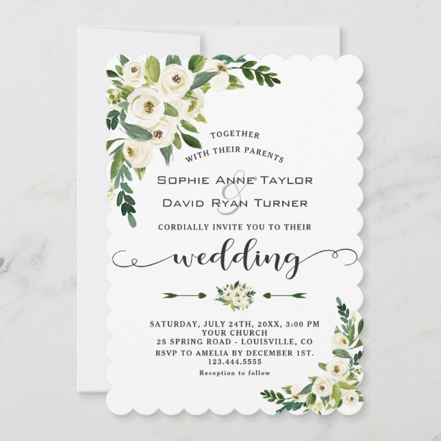 Elegant White Blooming Floral Handwriting Wedding Invitation (Front)