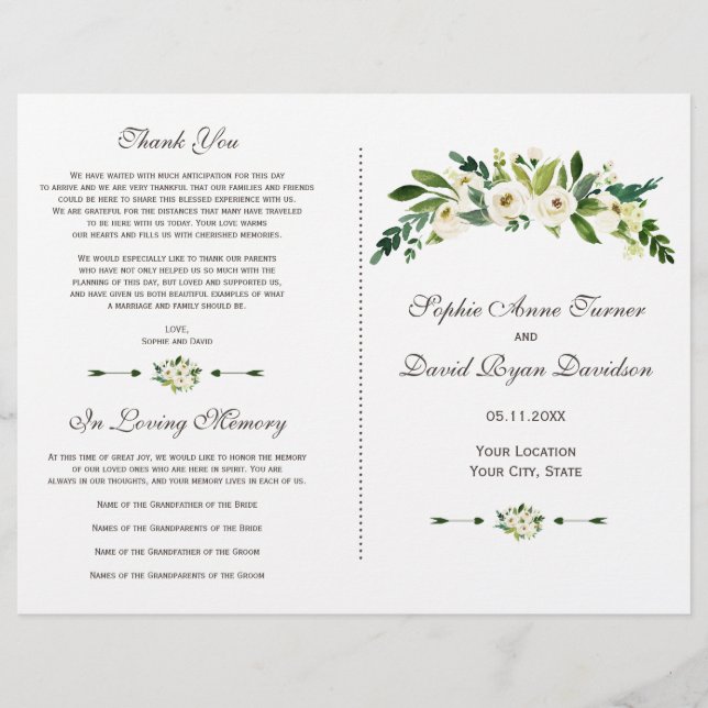 Elegant White Blooming Floral Wedding Program (Front)