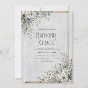 Elegant White Blossom & Gold Frame Wedding Invitation