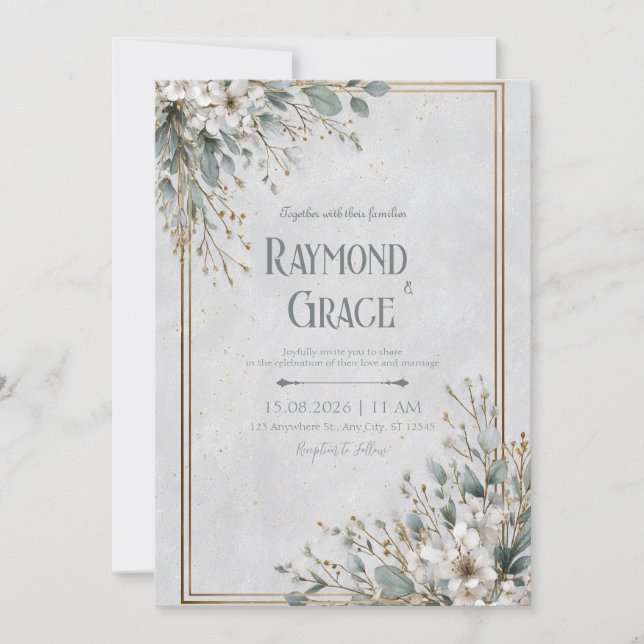 Elegant White Blossom & Gold Frame Wedding Invitation (Front)