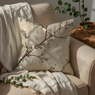 Elegant White Blossom Minimal Branch Cushion