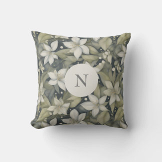 Elegant White Blossoms w Sage Leaves on Grey Cushion