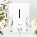 Elegant White, Blue Floral Wedding Table Number<br><div class="desc">Help your guests find their table with this elegant modern table number personalised with your name(s) and event. Table number with elongated area with number and details, framed by exquisite watercolor greenery and white and blue flowers. Double sided table number cards in case you like to use it in clear...</div>