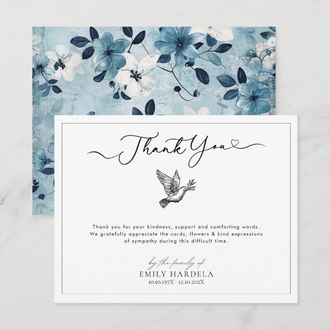 Elegant White Blue Flower Funeral Thanks Card (Front/Back)