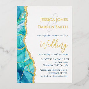 Elegant White Blue Gold Foil Wedding Invitation
