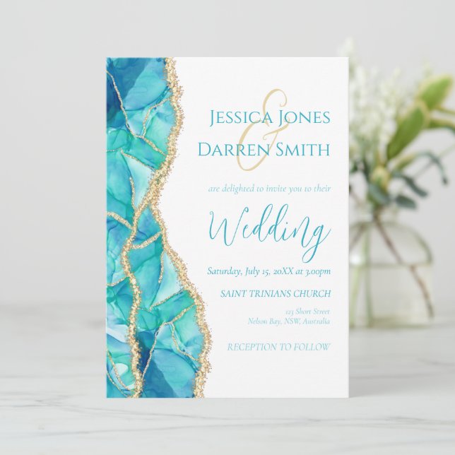 Elegant White Blue Gold Glitter Watercolor Wedding Invitation (Standing Front)