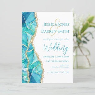 Elegant White Blue Gold Glitter Watercolor Wedding Invitation