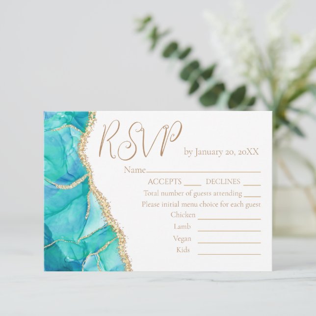 Elegant White Blue Gold Glitter Wedding menu RSVP (Standing Front)