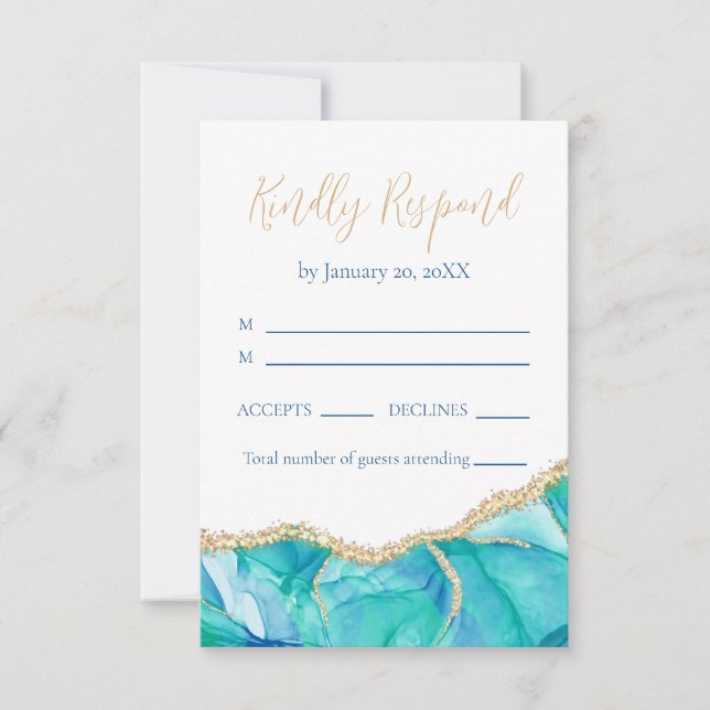 Elegant White Blue Gold Glitter Wedding RSVP Card (Front)