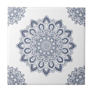 Elegant White Blue Mandala Ceramic Tile