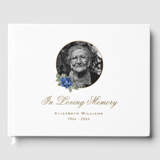 Elegant White Blue Rose Floral Funeral Photo Guest Book (Front)