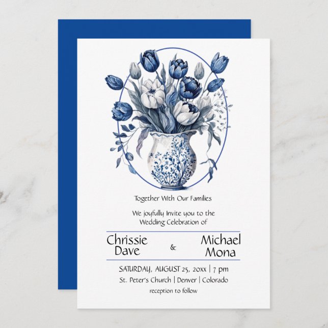 Elegant White & Blue Tulips in Vase Wedding Invitation (Front/Back)