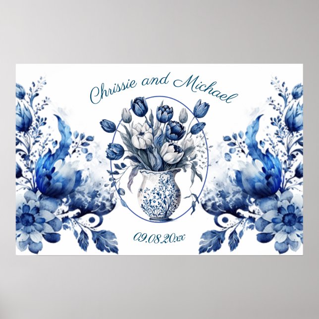 Elegant White & Blue Tulips in Vase Wedding Poster (Front)