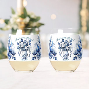 Elegant White & Blue Tulips in Vase Wedding Stemless Wine Glass
