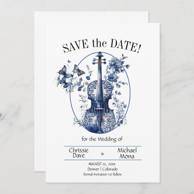Elegant White & Blue Violin Wedding Save The Date (Front/Back)