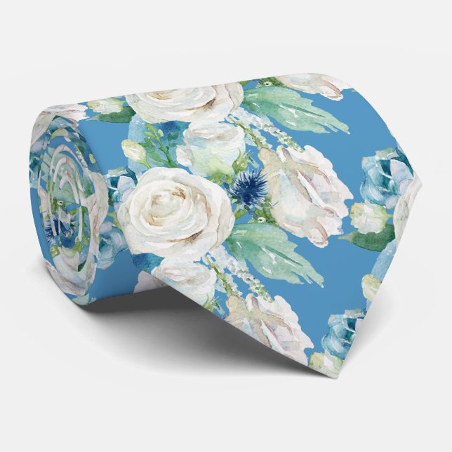 Elegant White Blue Winter Roses Neck Tie (Rolled)
