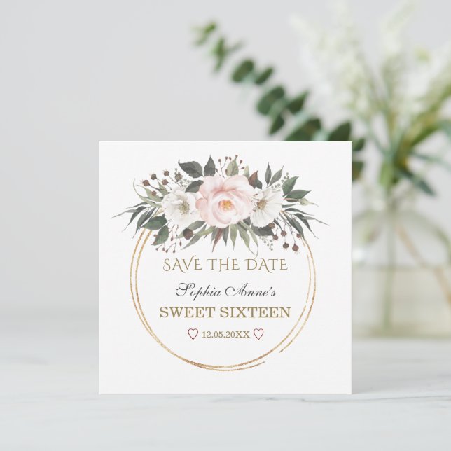 Elegant White Blush Flowers Gold Sweet Sixteen  Save The Date (Standing Front)
