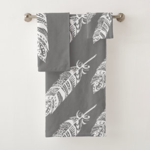 Elegant White Bohemian Tribal Feathers & Grey Bath Towel Set