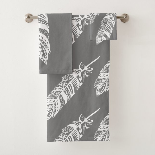 Elegant White Bohemian Tribal Feathers & Grey Bath Towel Set (Insitu)
