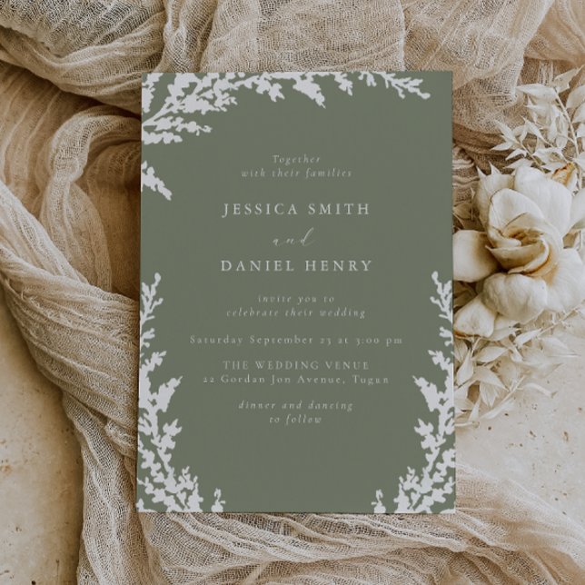 Elegant White Boho Leaf Sage Green Wedding Invitation (Creator Uploaded)