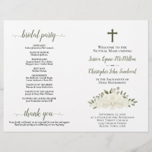 Elegant White Boho Roses Catholic Wedding Program