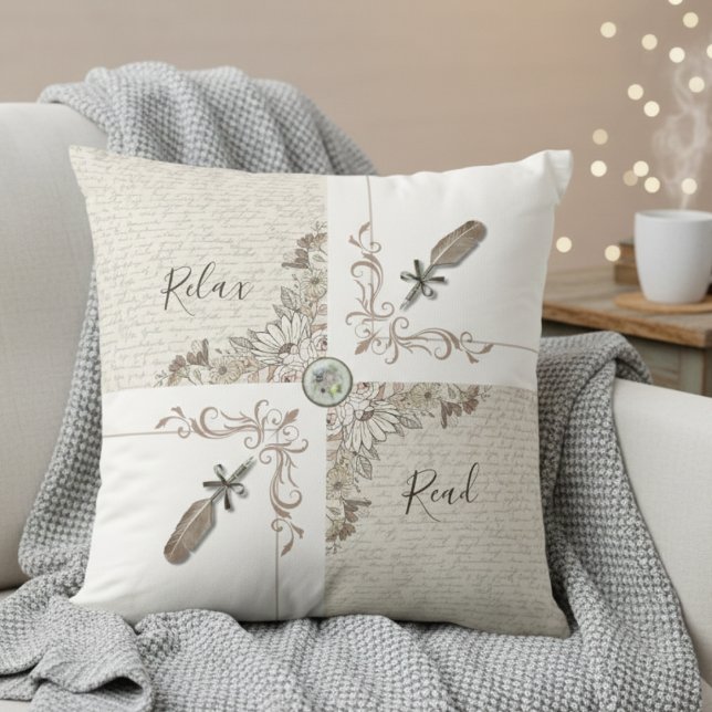 Elegant White Bookish Quill Home Décor Reading Cushion (Cozy up with a unique vintage style home decor throw pillow)