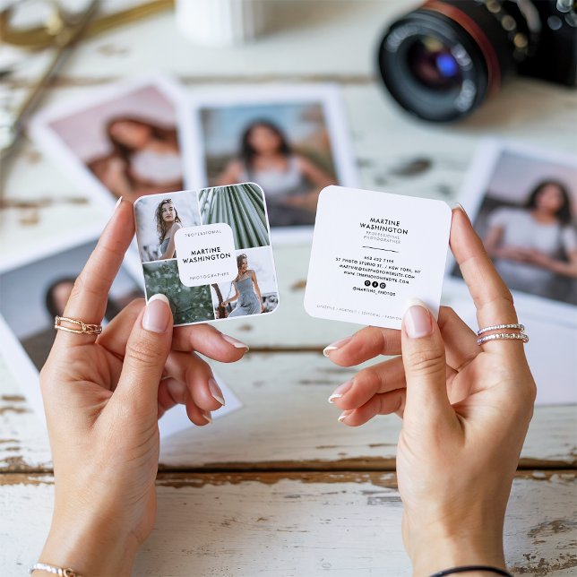 Elegant white border photographer modern minimal square business card (Elegant white border photographer modern minimal)