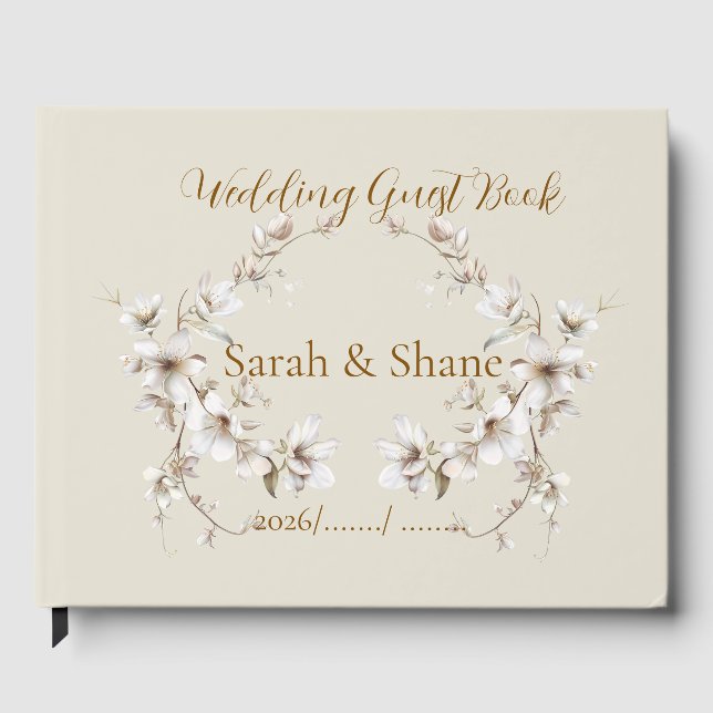 Elegant White Botanical Blossom Ivory Wedding Guest Book (Front)