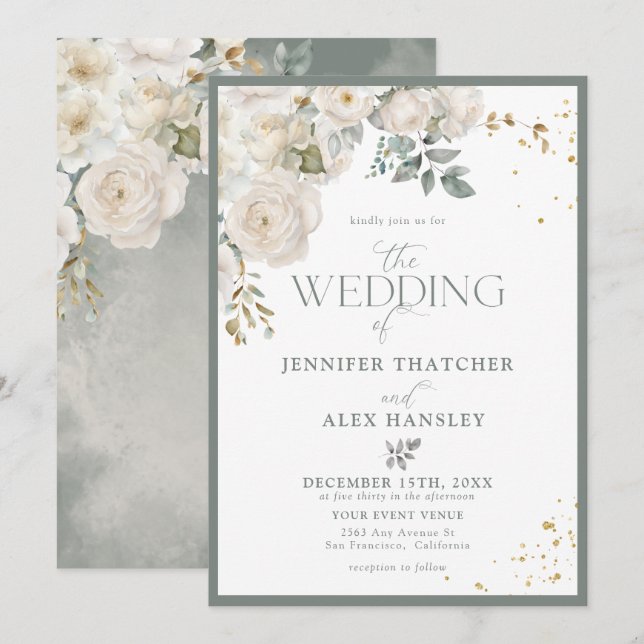 Elegant White Botanical Wedding Invitations (Front/Back)