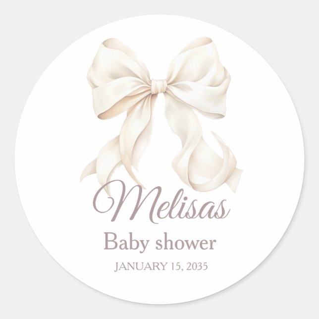 Elegant White Bow Baby Shower  Classic Round Stick Sticker (Front)