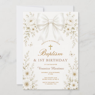 Elegant White Bow Baptism and First Birthday Invit Invitation