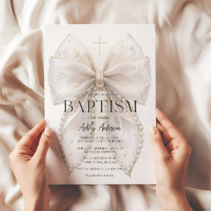 Elegant White Bow Baptism Girl Invitation