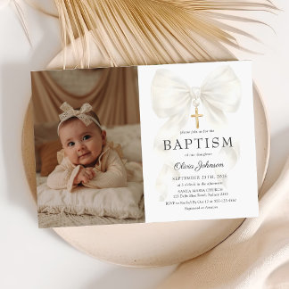 Elegant White Bow Baptism Girl Photo Invitation