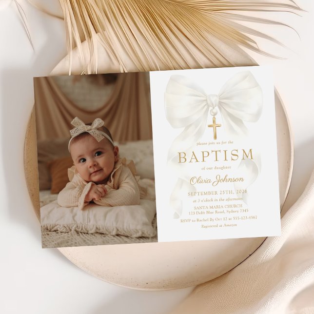 Elegant White Bow Baptism Girl Photo Invitation (Creator Uploaded)